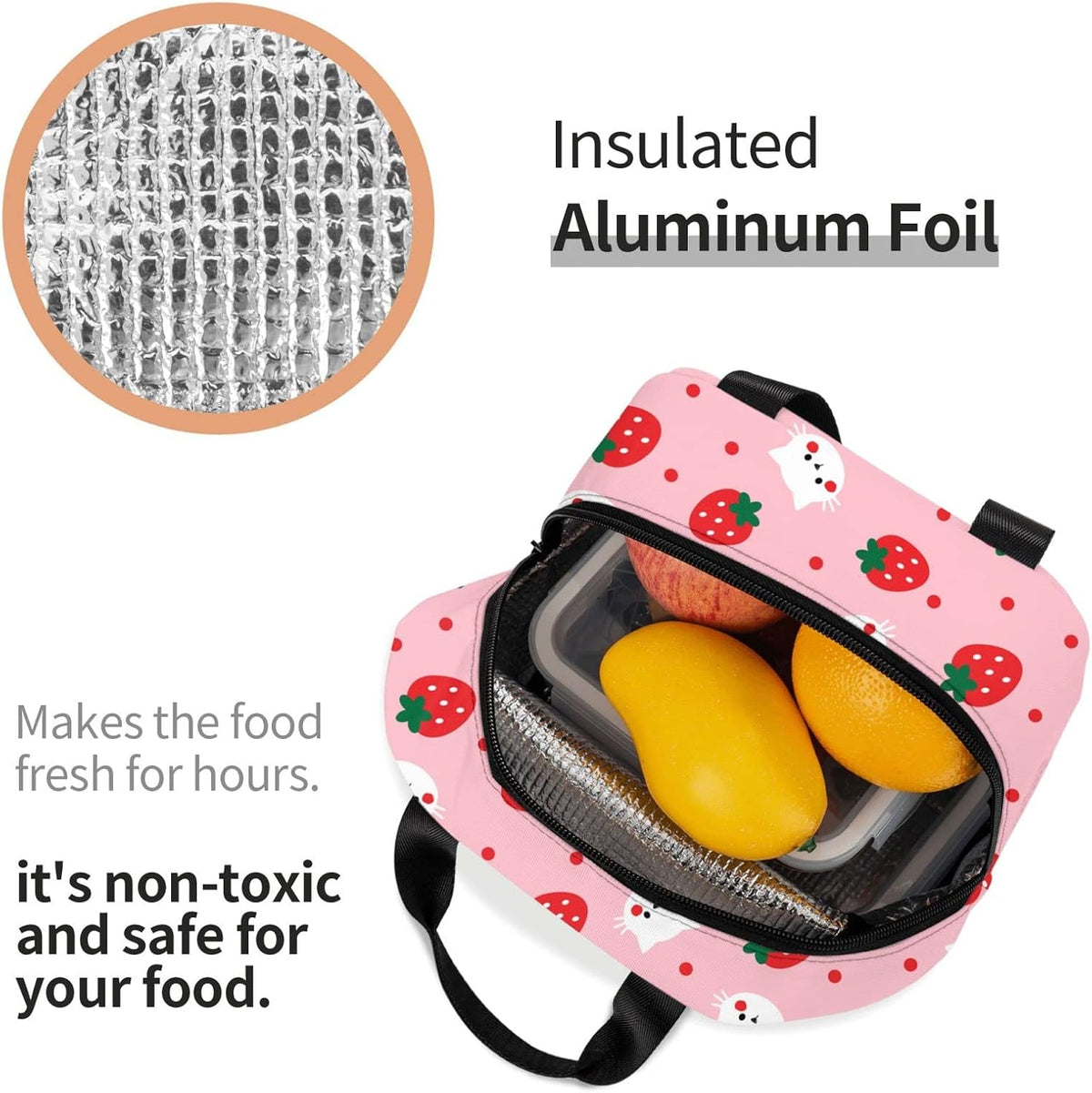 Strawberry Insulated Lunch Bags with Pocket Reusable Freezable Lunch Box Pink