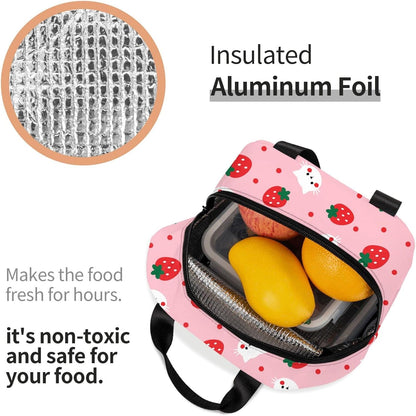 Strawberry Insulated Lunch Bags with Pocket Reusable Freezable Lunch Box Pink