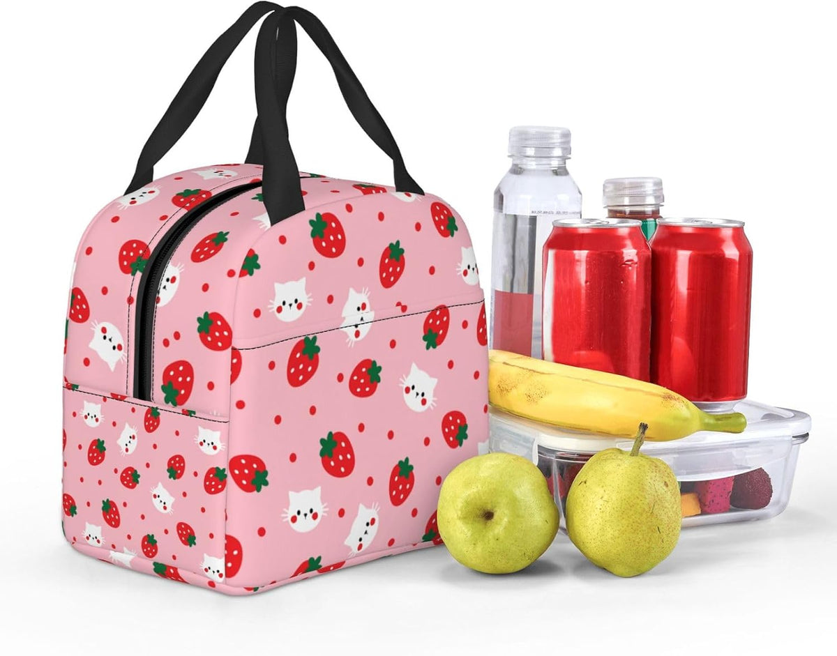 Strawberry Insulated Lunch Bags with Pocket Reusable Freezable Lunch Box Pink