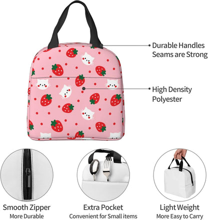 Strawberry Insulated Lunch Bags with Pocket Reusable Freezable Lunch Box Pink