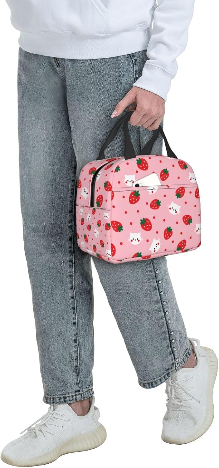 Strawberry Insulated Lunch Bags with Pocket Reusable Freezable Lunch Box Pink