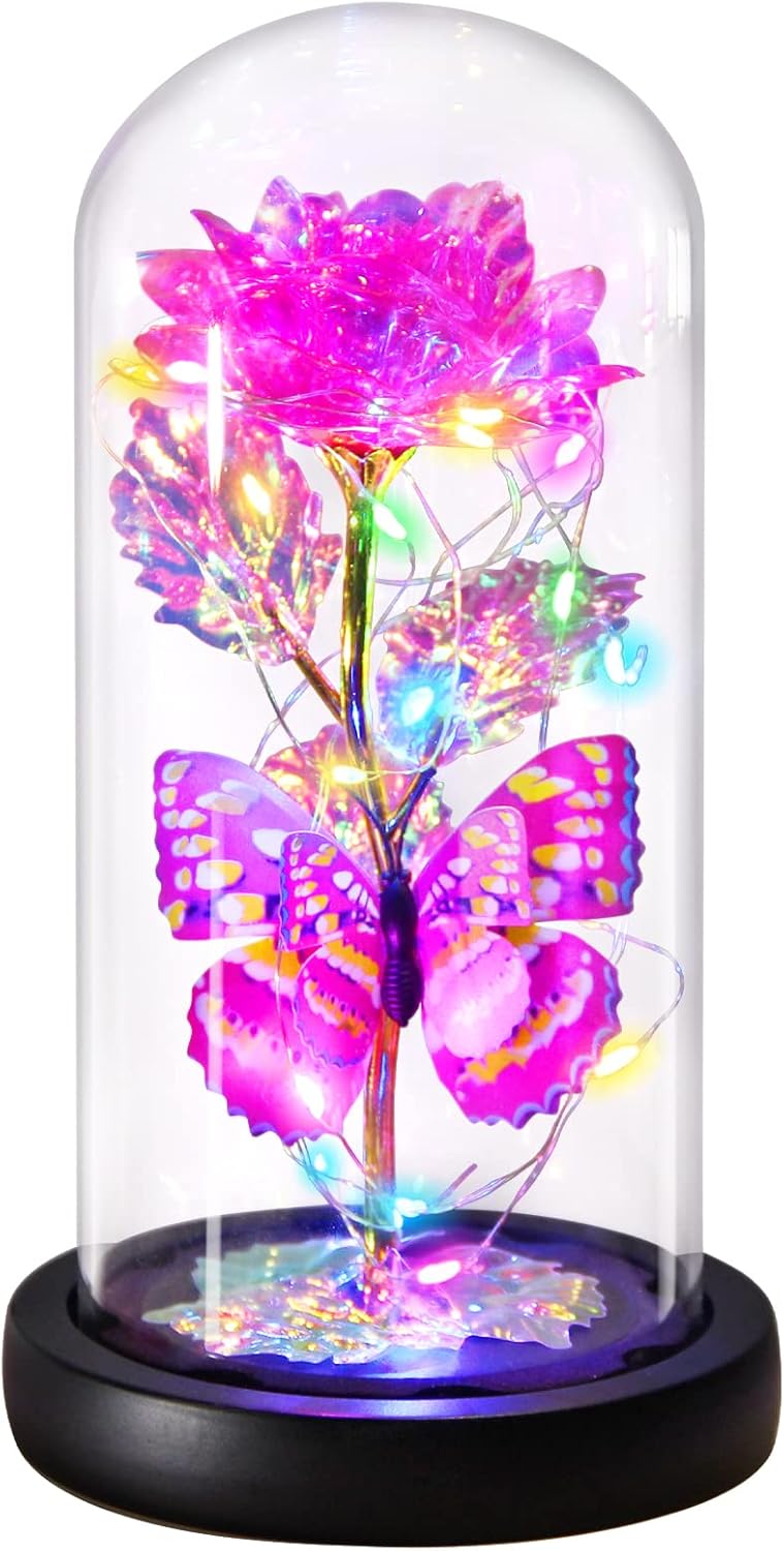 Valentines Rose Gifts for Her Galaxy Pink Butterfly Rose in Glass Dome, Light Up Forever Roses Birthday Gifts for Women Mom Grandma Wife Gift, Eternal Rose Gift for Mother's Day Anniversary Valentines