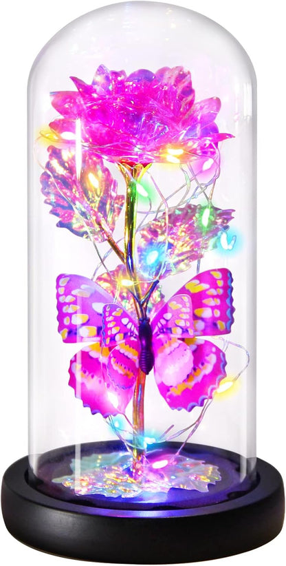 Valentines Rose Gifts for Her Galaxy Pink Butterfly Rose in Glass Dome, Light Up Forever Roses Birthday Gifts for Women Mom Grandma Wife Gift, Eternal Rose Gift for Mother's Day Anniversary Valentines
