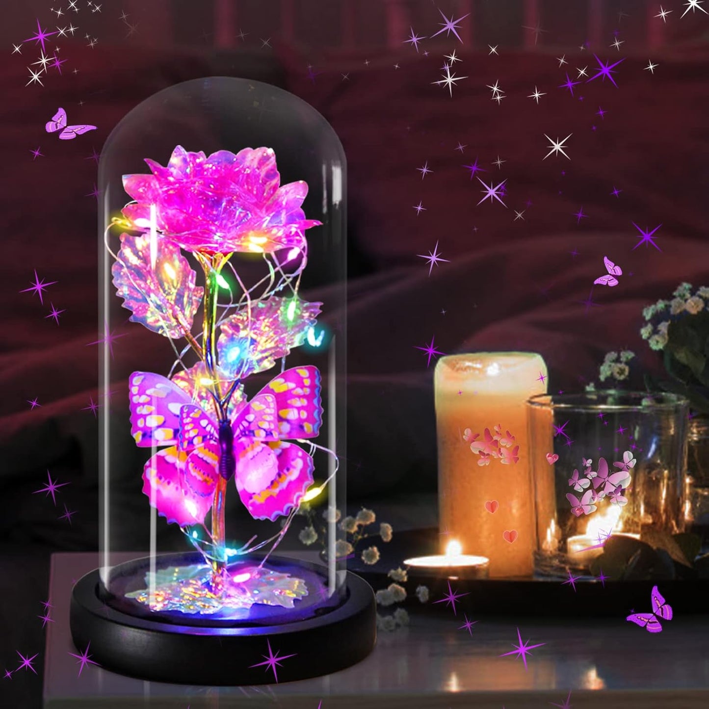 Valentines Rose Gifts for Her Galaxy Pink Butterfly Rose in Glass Dome, Light Up Forever Roses Birthday Gifts for Women Mom Grandma Wife Gift, Eternal Rose Gift for Mother's Day Anniversary Valentines