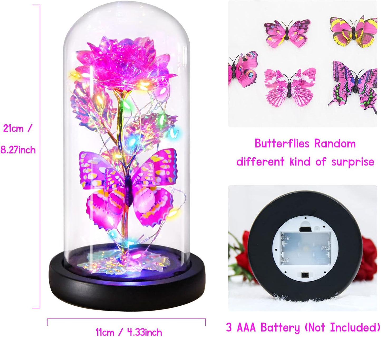 Valentines Rose Gifts for Her Galaxy Pink Butterfly Rose in Glass Dome, Light Up Forever Roses Birthday Gifts for Women Mom Grandma Wife Gift, Eternal Rose Gift for Mother's Day Anniversary Valentines