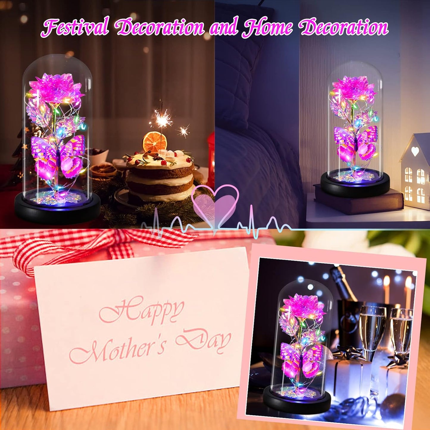 Valentines Rose Gifts for Her Galaxy Pink Butterfly Rose in Glass Dome, Light Up Forever Roses Birthday Gifts for Women Mom Grandma Wife Gift, Eternal Rose Gift for Mother's Day Anniversary Valentines