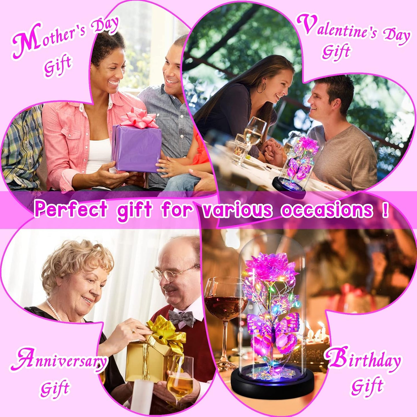 Valentines Rose Gifts for Her Galaxy Pink Butterfly Rose in Glass Dome, Light Up Forever Roses Birthday Gifts for Women Mom Grandma Wife Gift, Eternal Rose Gift for Mother's Day Anniversary Valentines