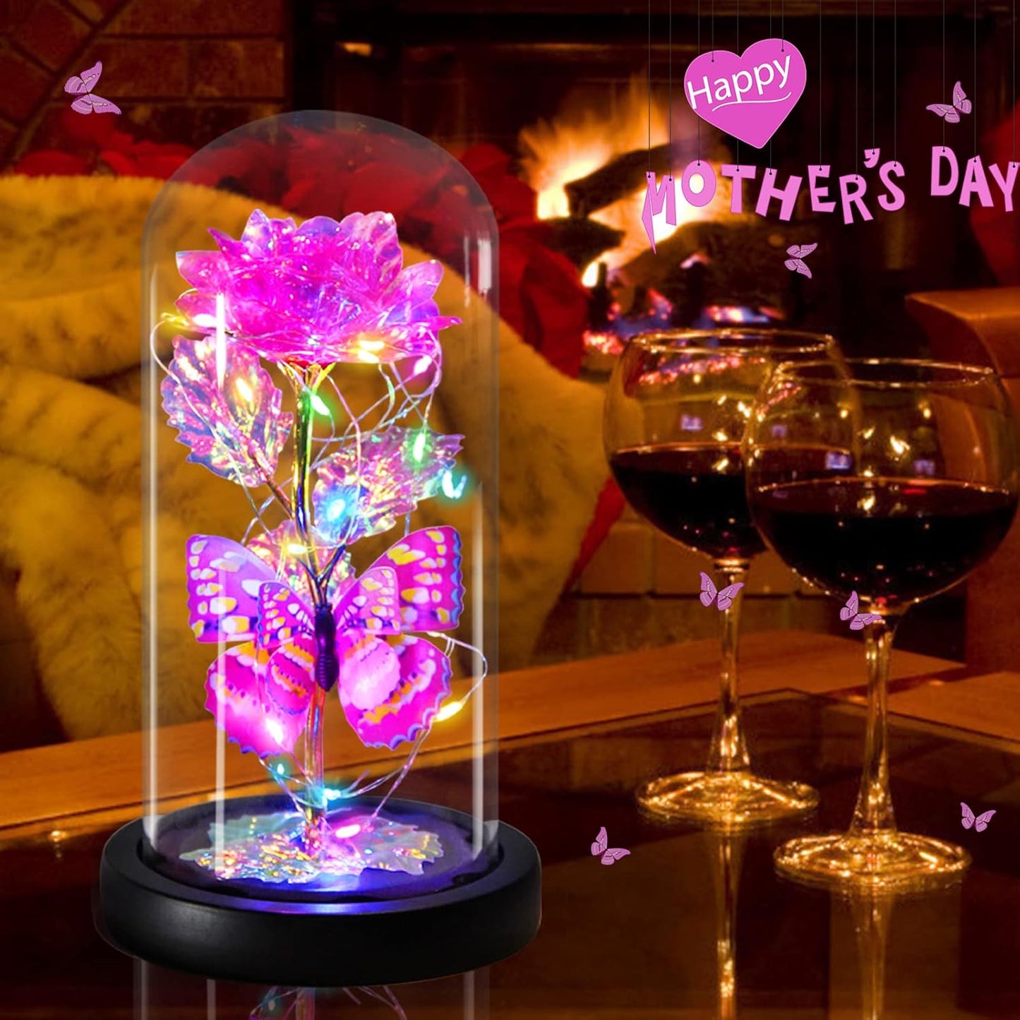 Valentines Rose Gifts for Her Galaxy Pink Butterfly Rose in Glass Dome, Light Up Forever Roses Birthday Gifts for Women Mom Grandma Wife Gift, Eternal Rose Gift for Mother's Day Anniversary Valentines