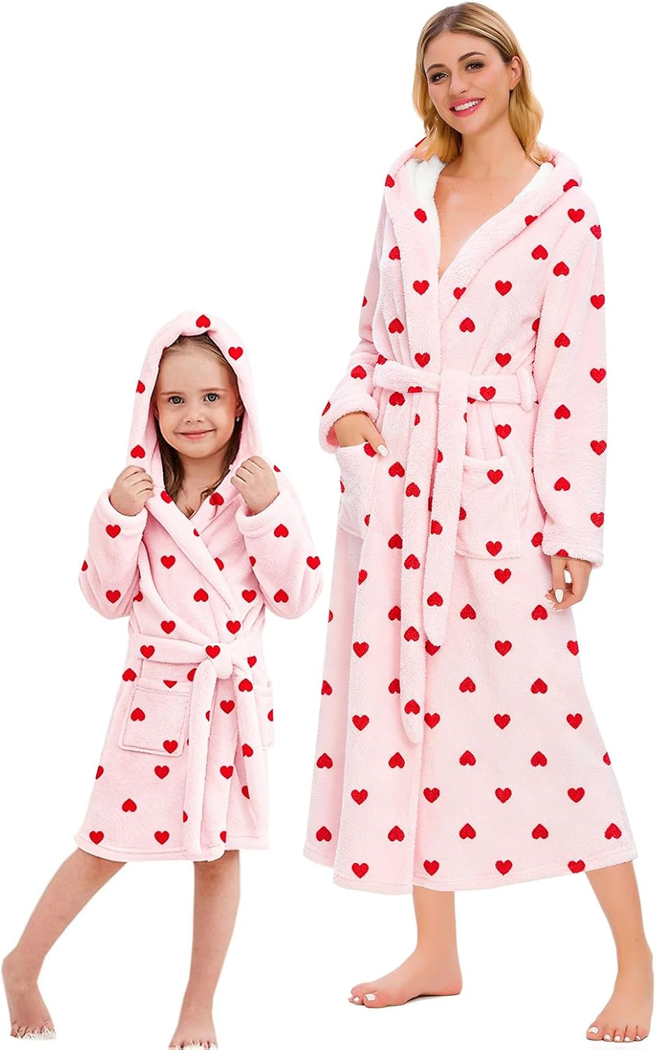Girls & Women Fleece Hooded Robes, Soft Fuzzy Bathrobe Warm Plush Fluffy Bath Robe for Kids Womens