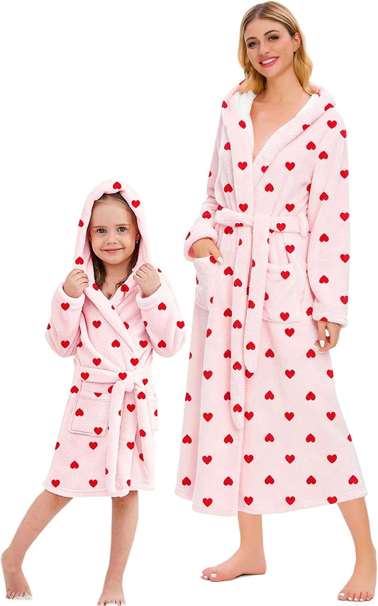 Girls & Women Fleece Hooded Robes, Soft Fuzzy Bathrobe Warm Plush Fluffy Bath Robe for Kids Womens