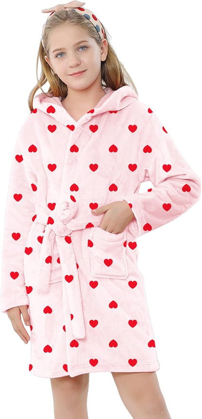 Girls & Women Fleece Hooded Robes, Soft Fuzzy Bathrobe Warm Plush Fluffy Bath Robe for Kids Womens