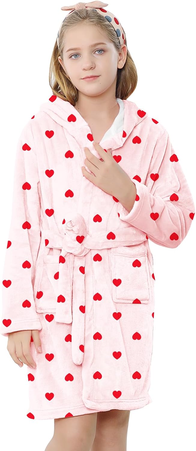 Girls & Women Fleece Hooded Robes, Soft Fuzzy Bathrobe Warm Plush Fluffy Bath Robe for Kids Womens