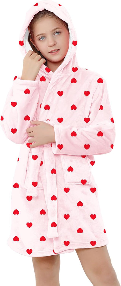 Girls & Women Fleece Hooded Robes, Soft Fuzzy Bathrobe Warm Plush Fluffy Bath Robe for Kids Womens