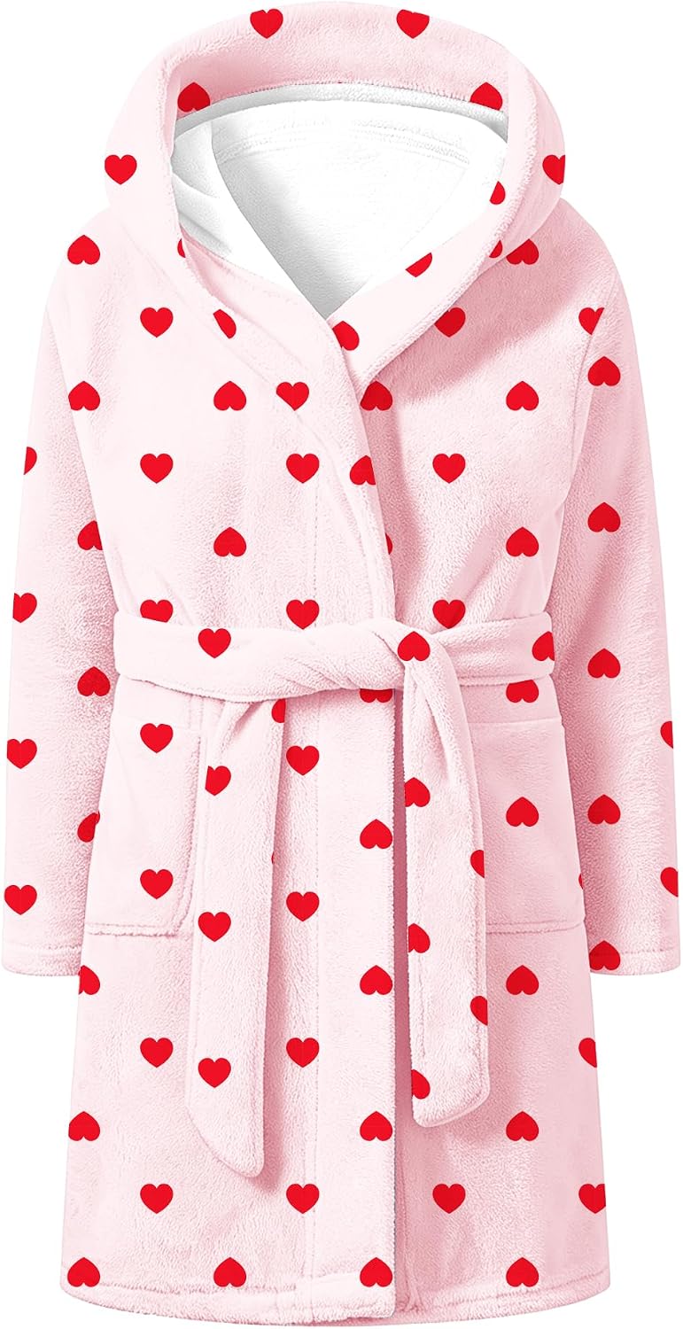 Girls & Women Fleece Hooded Robes, Soft Fuzzy Bathrobe Warm Plush Fluffy Bath Robe for Kids Womens