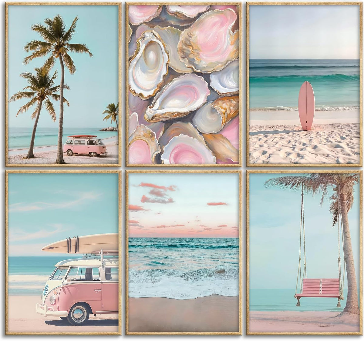 6Pcs Pink Coastal Beachy Wall Art Coastal Granddaughter Ocean Preppy Room Wall Decor Beach Aesthetic Paintings Pictures Posters Prints Artwork for Teen Girls Dorm Home Decoration(8x10 in Poster)