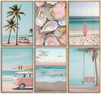 6Pcs Pink Coastal Beachy Wall Art Coastal Granddaughter Ocean Preppy Room Wall Decor Beach Aesthetic Paintings Pictures Posters Prints Artwork for Teen Girls Dorm Home Decoration(8x10 in Poster)