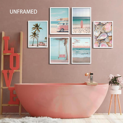 6Pcs Pink Coastal Beachy Wall Art Coastal Granddaughter Ocean Preppy Room Wall Decor Beach Aesthetic Paintings Pictures Posters Prints Artwork for Teen Girls Dorm Home Decoration(8x10 in Poster)