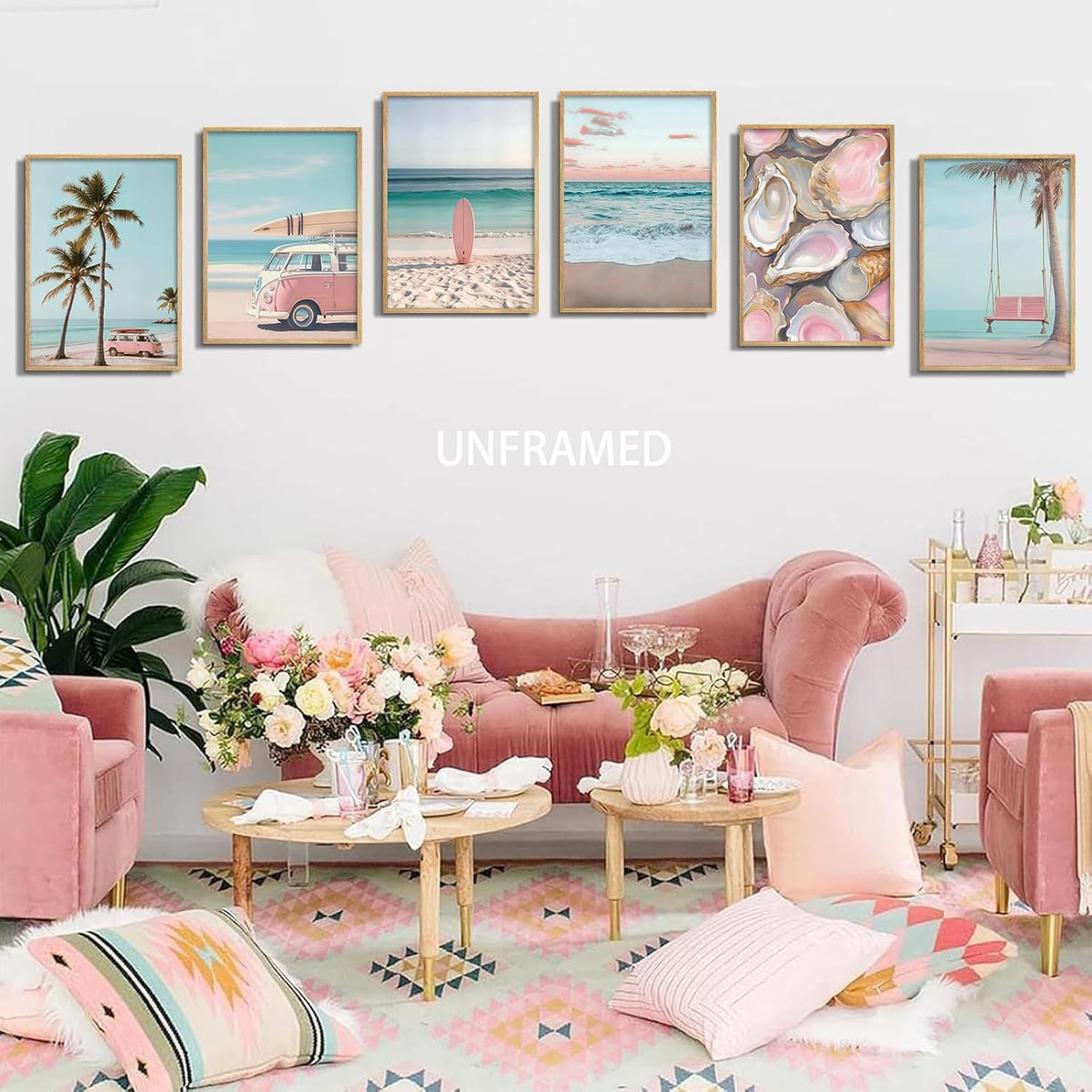 6Pcs Pink Coastal Beachy Wall Art Coastal Granddaughter Ocean Preppy Room Wall Decor Beach Aesthetic Paintings Pictures Posters Prints Artwork for Teen Girls Dorm Home Decoration(8x10 in Poster)