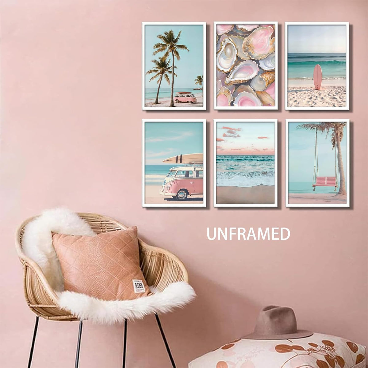 6Pcs Pink Coastal Beachy Wall Art Coastal Granddaughter Ocean Preppy Room Wall Decor Beach Aesthetic Paintings Pictures Posters Prints Artwork for Teen Girls Dorm Home Decoration(8x10 in Poster)
