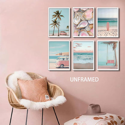 6Pcs Pink Coastal Beachy Wall Art Coastal Granddaughter Ocean Preppy Room Wall Decor Beach Aesthetic Paintings Pictures Posters Prints Artwork for Teen Girls Dorm Home Decoration(8x10 in Poster)