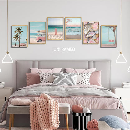 6Pcs Pink Coastal Beachy Wall Art Coastal Granddaughter Ocean Preppy Room Wall Decor Beach Aesthetic Paintings Pictures Posters Prints Artwork for Teen Girls Dorm Home Decoration(8x10 in Poster)