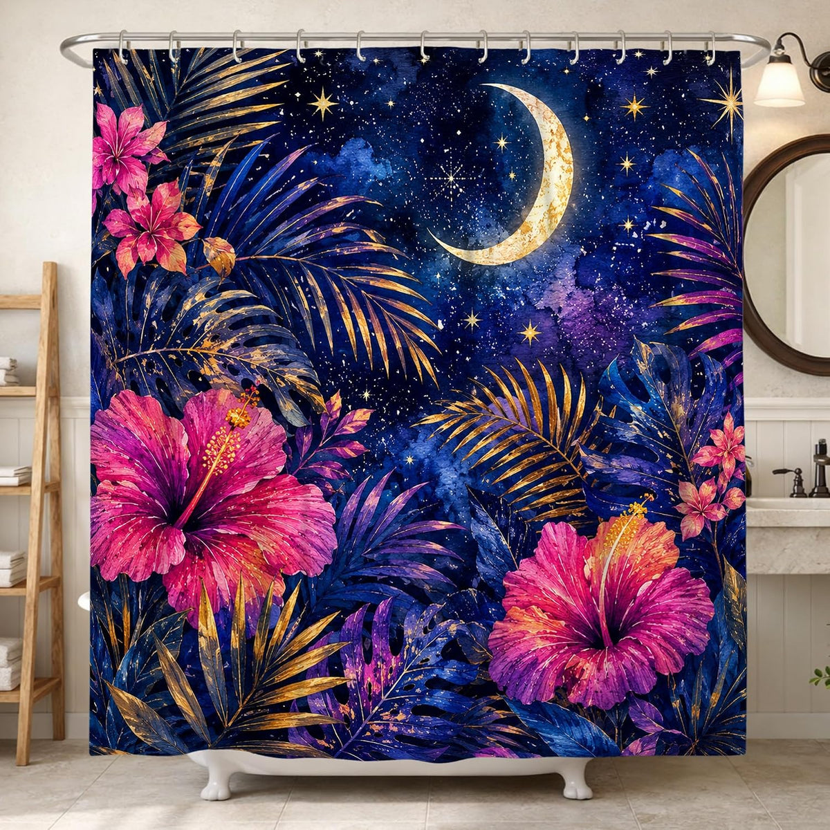Hibiscus Shower Curtain, Tropical Nature Palm Leaves Stars Summer Peach Waterproof Fabric Bathtub Cloth Curtains Decor for Bathroom Guest Room 72x84 Inch