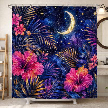Hibiscus Shower Curtain, Tropical Nature Palm Leaves Stars Summer Peach Waterproof Fabric Bathtub Cloth Curtains Decor for Bathroom Guest Room 72x84 Inch