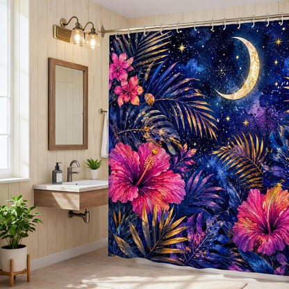 Hibiscus Shower Curtain, Tropical Nature Palm Leaves Stars Summer Peach Waterproof Fabric Bathtub Cloth Curtains Decor for Bathroom Guest Room 72x84 Inch