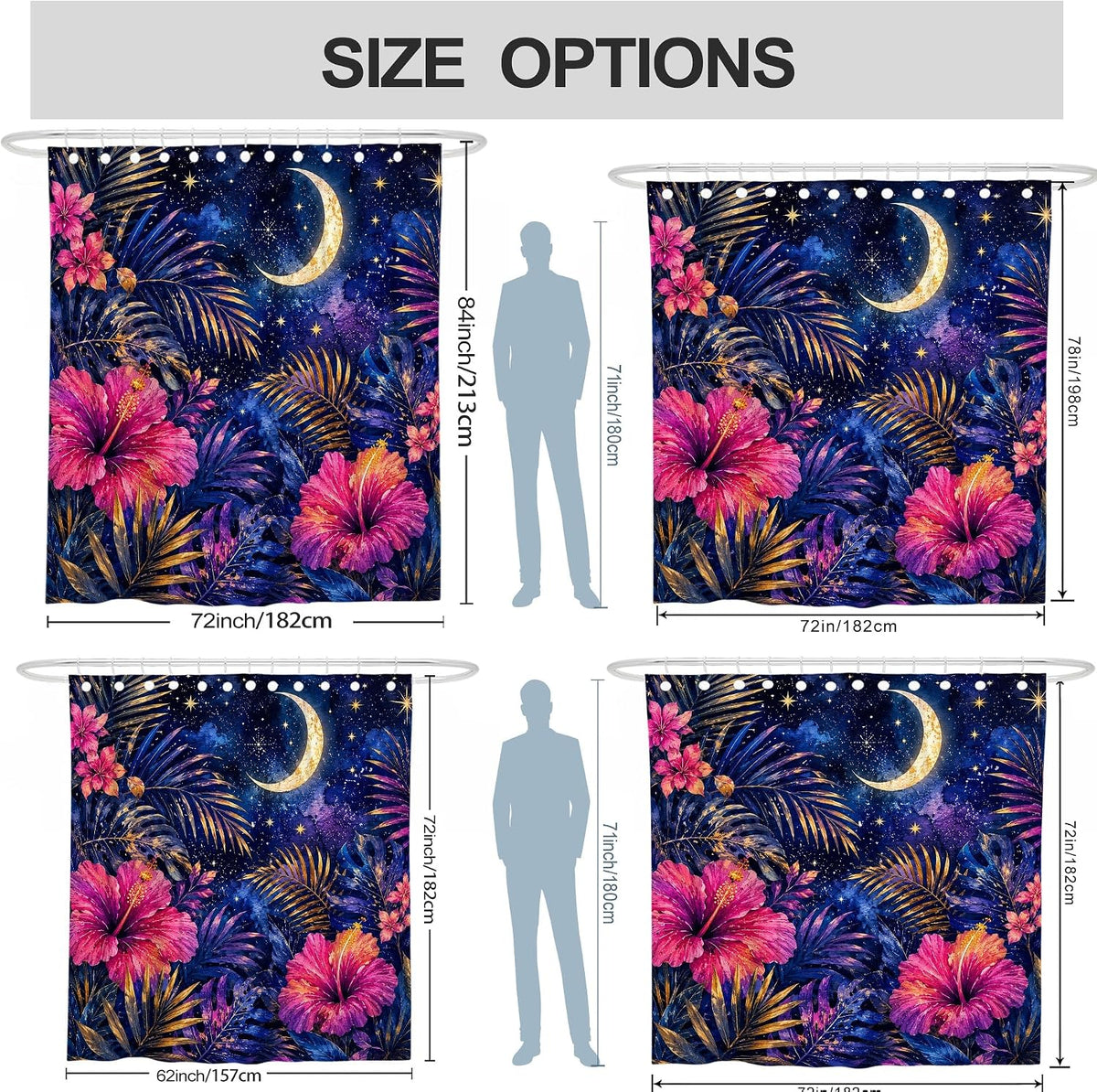 Hibiscus Shower Curtain, Tropical Nature Palm Leaves Stars Summer Peach Waterproof Fabric Bathtub Cloth Curtains Decor for Bathroom Guest Room 72x84 Inch
