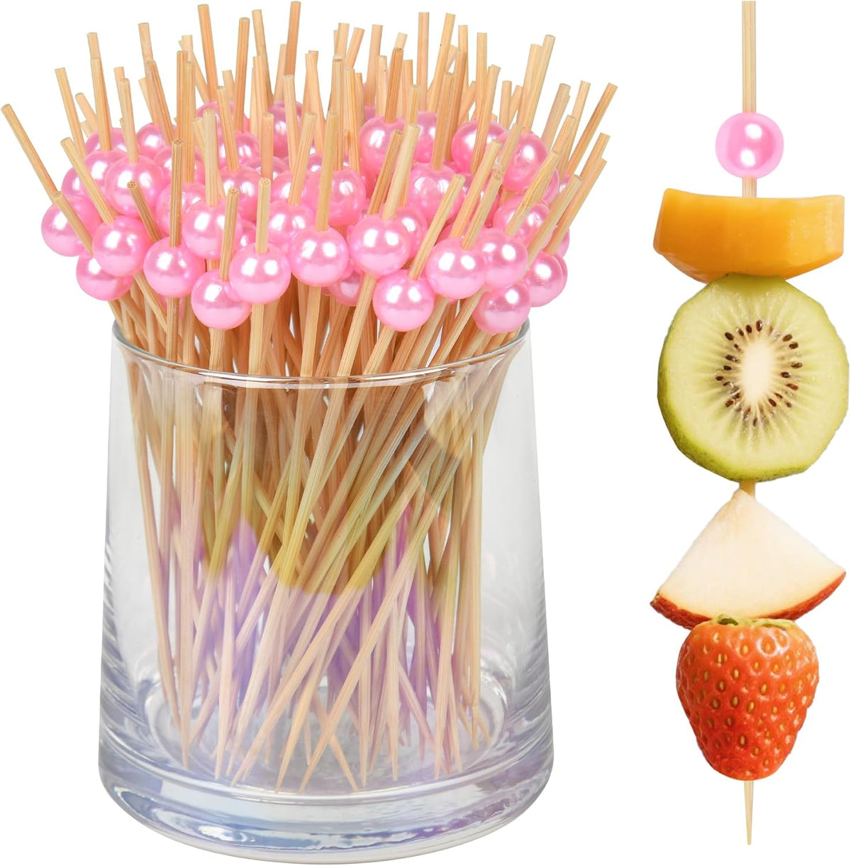 100Pcs Fancy Toothpicks for Appetizers,4.7Inch Pink Pearl Cocktail Picks For Drinks,Bamboo Appetizer Skewers for Charcuterie Boards Accessories,Martini, Sandwich,Desserts,Fruit,Pink Party Decorations