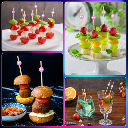 100Pcs Fancy Toothpicks for Appetizers,4.7Inch Pink Pearl Cocktail Picks For Drinks,Bamboo Appetizer Skewers for Charcuterie Boards Accessories,Martini, Sandwich,Desserts,Fruit,Pink Party Decorations