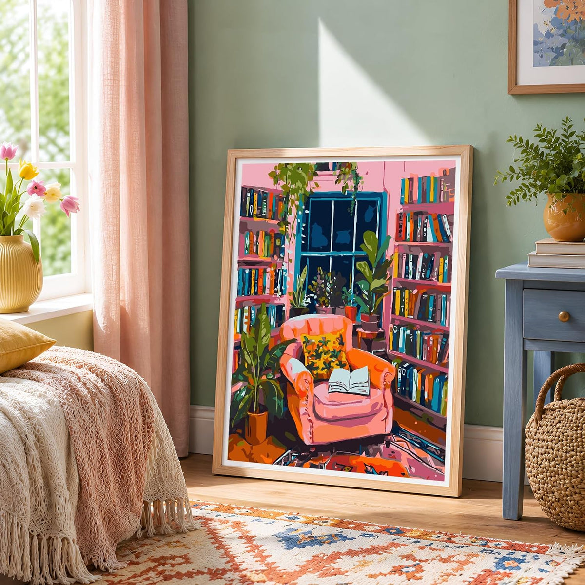 Book Room Paint by Number for Adults Beginners, Study Room Adults Paint by Numbers Kits on Canvas, DIY Oil Painting Acrylic Paints for Home Wall Art Decor(16x20inch)