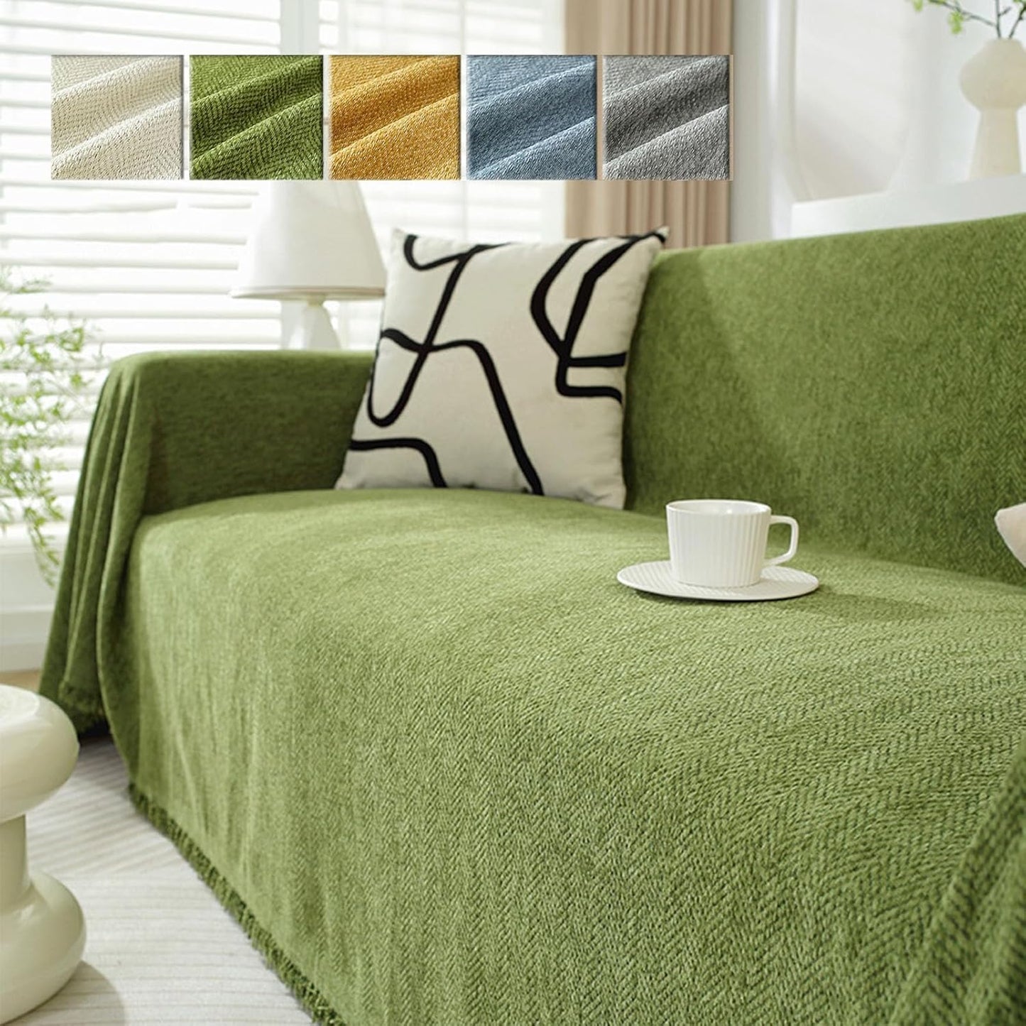 Soft Waterproof Chenille Blanket Sofa Cover with Herringbone Tassels, Washable Furniture Protector Green 90 x 180cm/35.4 x 70.8in