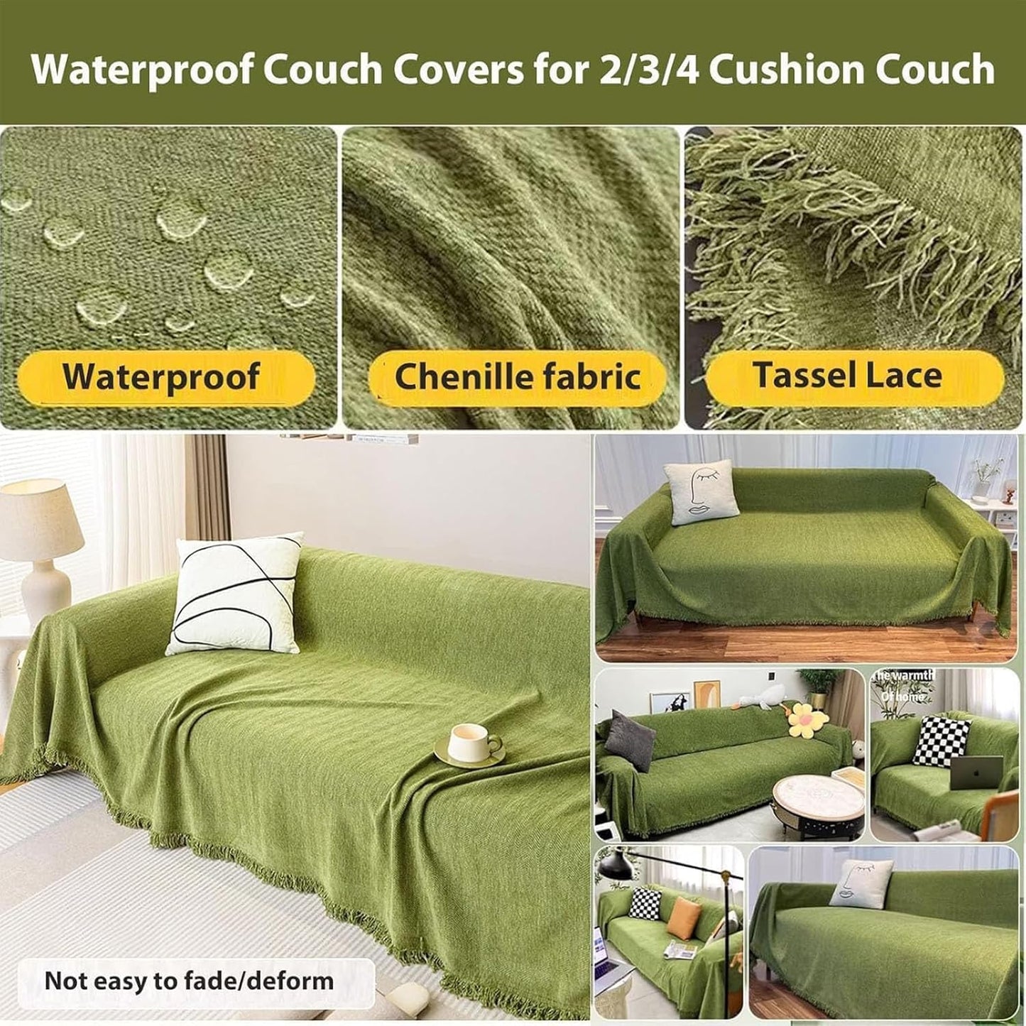 Soft Waterproof Chenille Blanket Sofa Cover with Herringbone Tassels, Washable Furniture Protector Green 90 x 180cm/35.4 x 70.8in