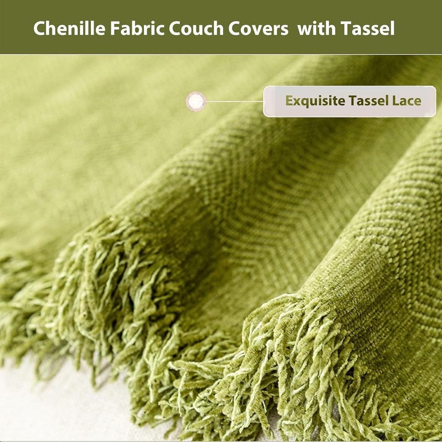 Soft Waterproof Chenille Blanket Sofa Cover with Herringbone Tassels, Washable Furniture Protector Green 90 x 180cm/35.4 x 70.8in