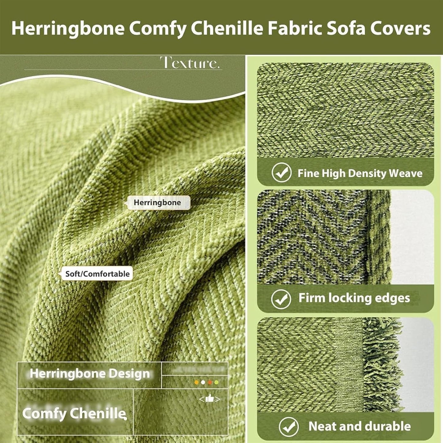 Soft Waterproof Chenille Blanket Sofa Cover with Herringbone Tassels, Washable Furniture Protector Green 90 x 180cm/35.4 x 70.8in