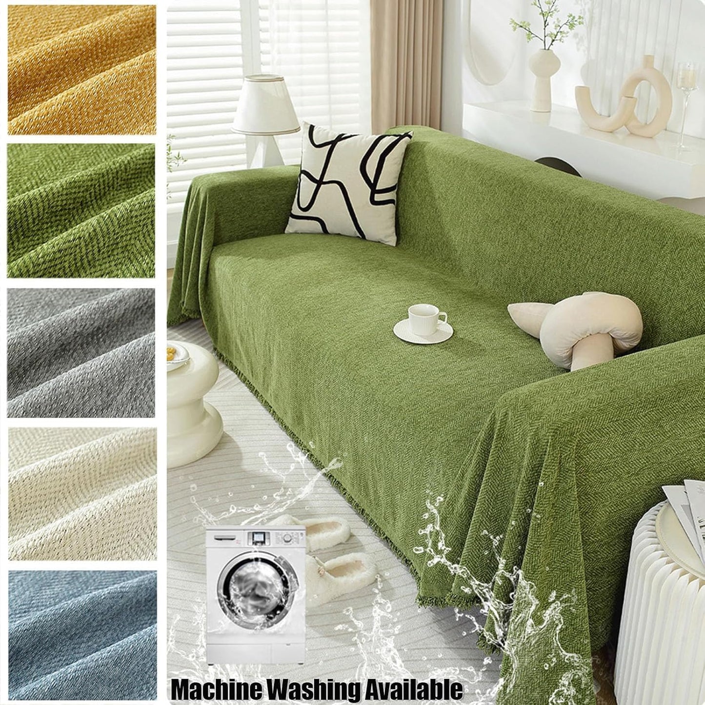 Soft Waterproof Chenille Blanket Sofa Cover with Herringbone Tassels, Washable Furniture Protector Green 90 x 180cm/35.4 x 70.8in