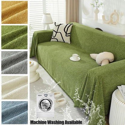 Soft Waterproof Chenille Blanket Sofa Cover with Herringbone Tassels, Washable Furniture Protector Green 90 x 180cm/35.4 x 70.8in