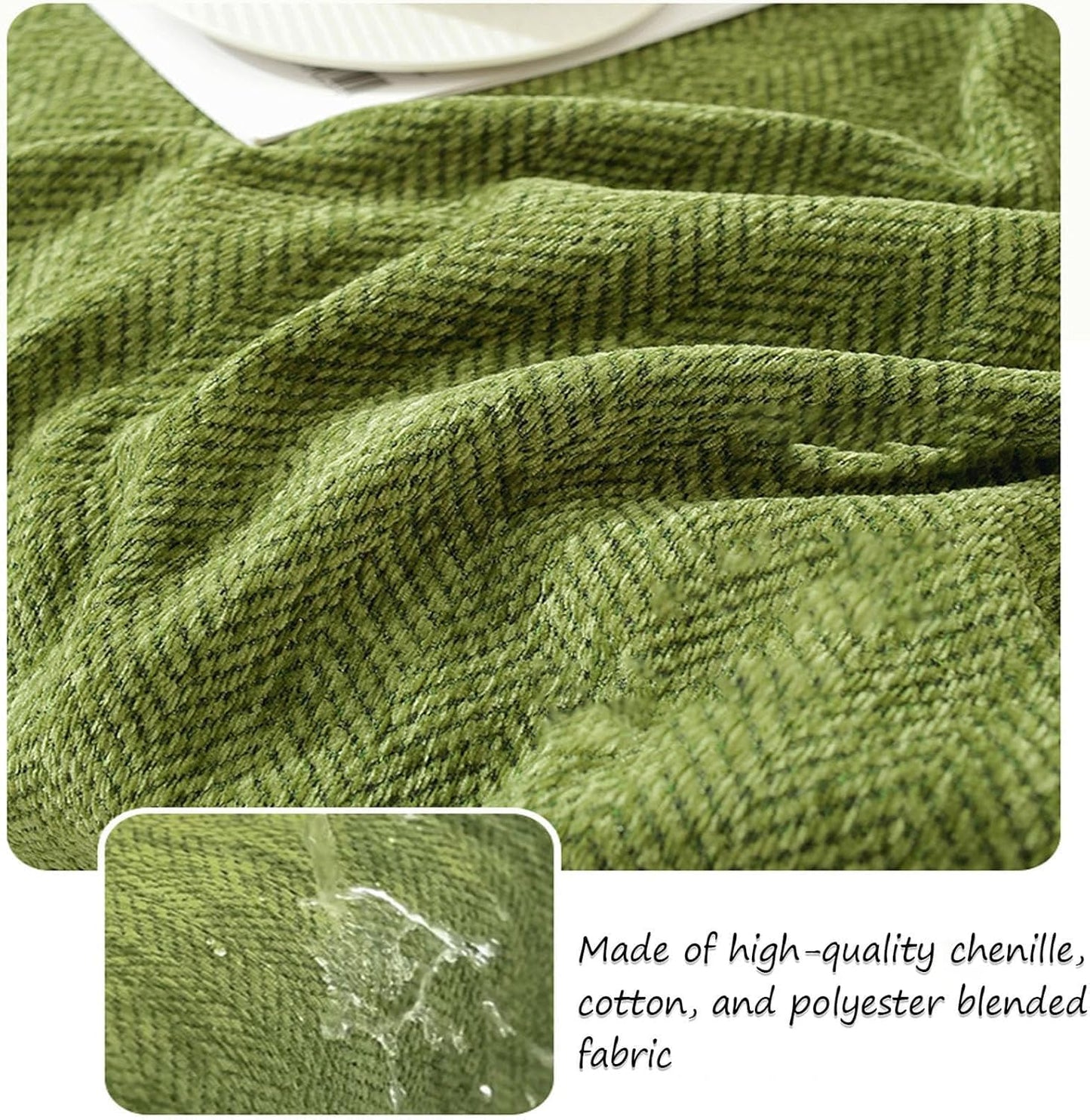 Soft Waterproof Chenille Blanket Sofa Cover with Herringbone Tassels, Washable Furniture Protector Green 90 x 180cm/35.4 x 70.8in