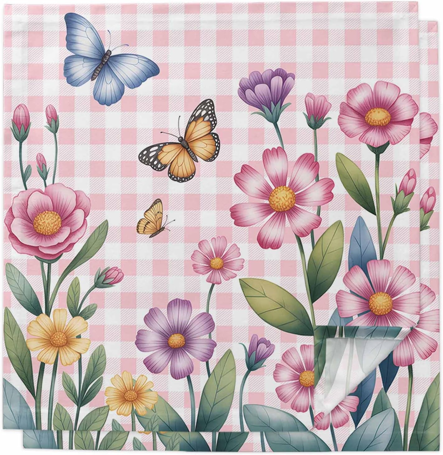 Pink Flowers Spring Floral Butterfly Leaves Plants Rustic Plaid Washable Reusable Dinner Cocktail Napkin for Kitchen Party Wedding Banquet Holiday Baby Shower Table Decor