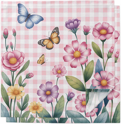 Pink Flowers Spring Floral Butterfly Leaves Plants Rustic Plaid Washable Reusable Dinner Cocktail Napkin for Kitchen Party Wedding Banquet Holiday Baby Shower Table Decor
