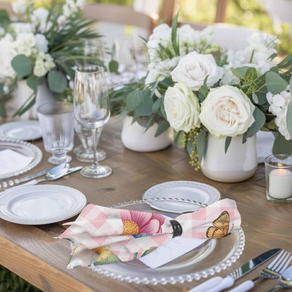 Pink Flowers Spring Floral Butterfly Leaves Plants Rustic Plaid Washable Reusable Dinner Cocktail Napkin for Kitchen Party Wedding Banquet Holiday Baby Shower Table Decor