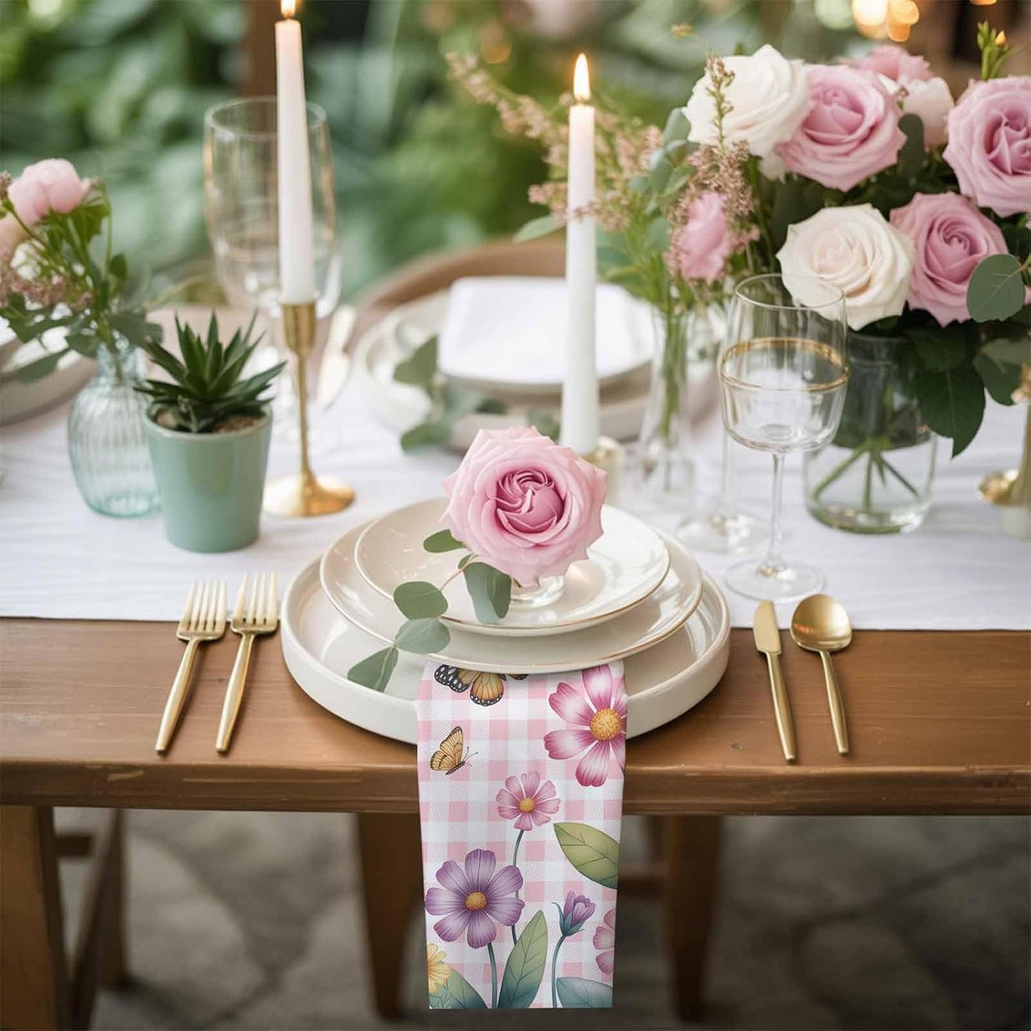 Pink Flowers Spring Floral Butterfly Leaves Plants Rustic Plaid Washable Reusable Dinner Cocktail Napkin for Kitchen Party Wedding Banquet Holiday Baby Shower Table Decor