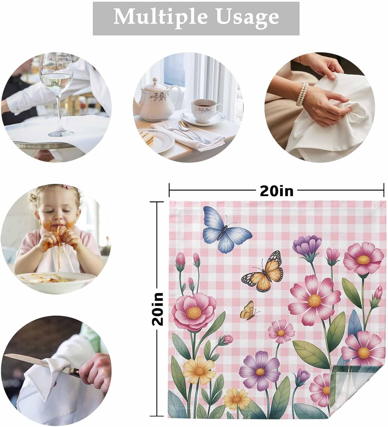 Pink Flowers Spring Floral Butterfly Leaves Plants Rustic Plaid Washable Reusable Dinner Cocktail Napkin for Kitchen Party Wedding Banquet Holiday Baby Shower Table Decor