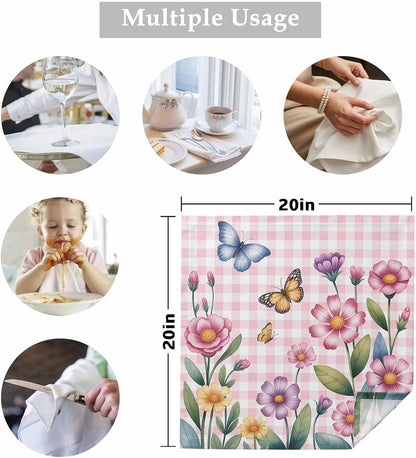 Pink Flowers Spring Floral Butterfly Leaves Plants Rustic Plaid Washable Reusable Dinner Cocktail Napkin for Kitchen Party Wedding Banquet Holiday Baby Shower Table Decor