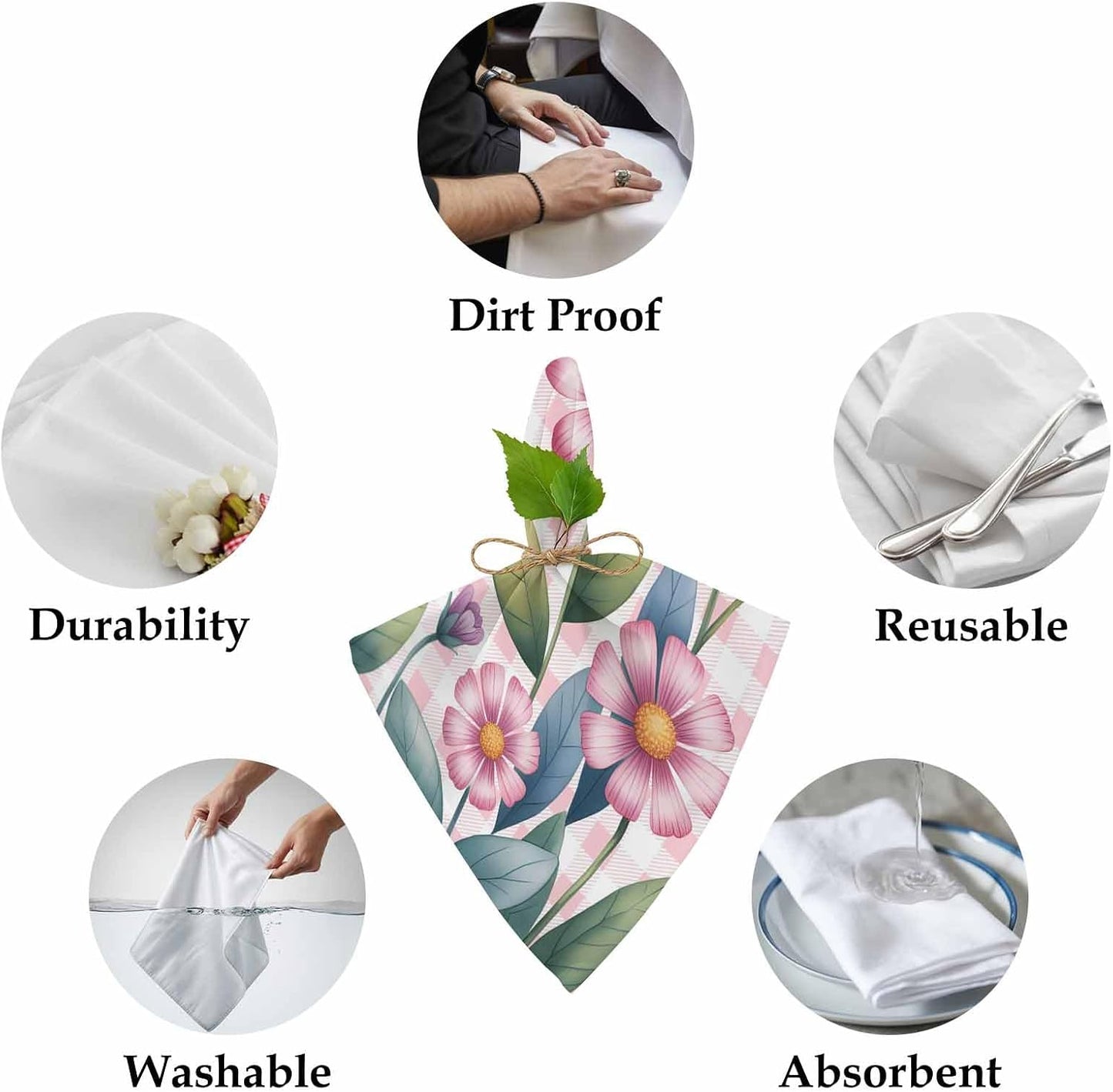 Pink Flowers Spring Floral Butterfly Leaves Plants Rustic Plaid Washable Reusable Dinner Cocktail Napkin for Kitchen Party Wedding Banquet Holiday Baby Shower Table Decor