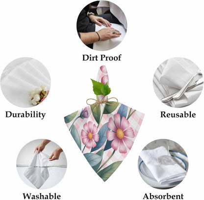 Pink Flowers Spring Floral Butterfly Leaves Plants Rustic Plaid Washable Reusable Dinner Cocktail Napkin for Kitchen Party Wedding Banquet Holiday Baby Shower Table Decor
