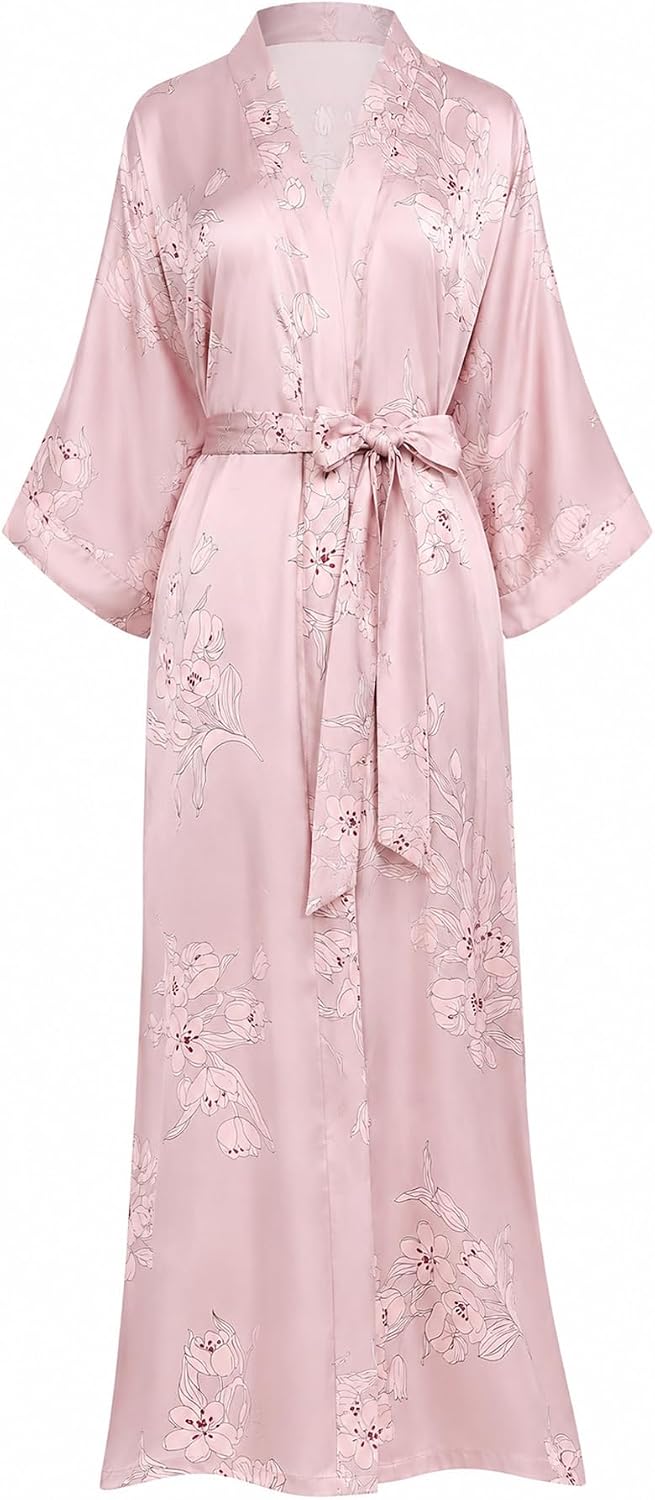 Long Floral Kimono Robe for Women Silky Lightweight Satin Lounge Robe with Elegant Drape for Bridal, Spa& Lounging
