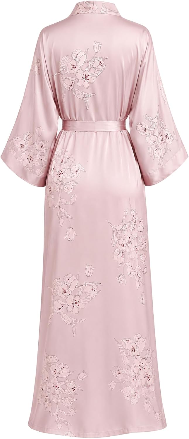 Long Floral Kimono Robe for Women Silky Lightweight Satin Lounge Robe with Elegant Drape for Bridal, Spa& Lounging