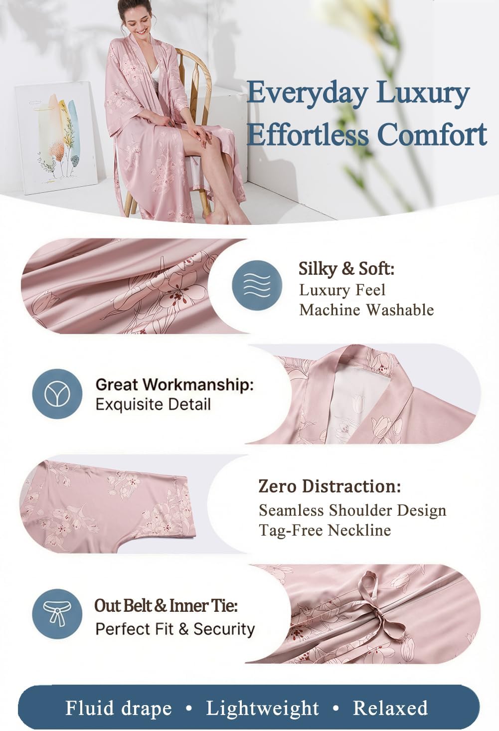 Long Floral Kimono Robe for Women Silky Lightweight Satin Lounge Robe with Elegant Drape for Bridal, Spa& Lounging
